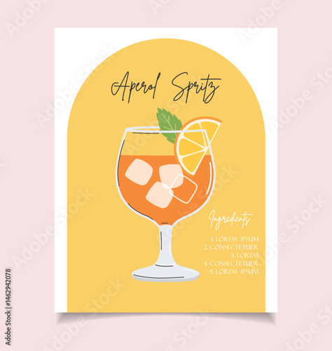 Summer drink poster cartoon flat. Aperol Spritz cocktail recipe wall art. Trendy print