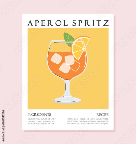 Summer drink poster cartoon flat. Aperol Spritz cocktail recipe concept wall art. Trendy print
