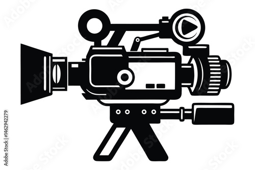Black silhouette of a vintage film camera on a tripod is prominently displayed