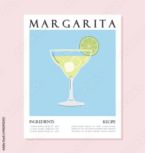 Summer drink poster cartoon flat. Margarita cocktail recipe concept wall art. Trendy print
