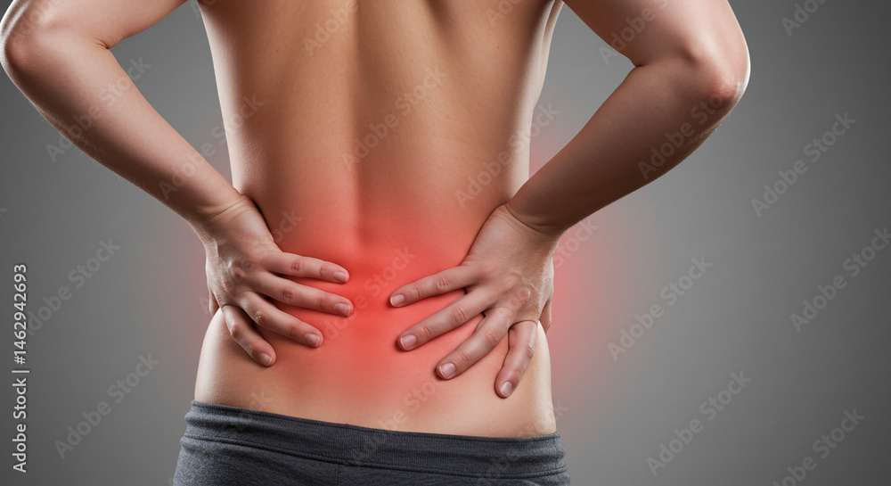 Photo illustrating a person with back pain in the lumbar region Photo illustrating a person with back pain in the lumbar region