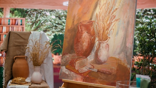 Obraz na płótnie Modern paintwork supplies and coloring tubes or oil paints in creative atelier, brush kit and colorful pigments used for masterpiece creation art and craft hobby in empty workshop. Close up. w salonie