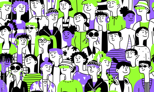 Seamless background, pattern of diverse female male heads. People. Diverse multiethnic group. Vector doodle illustration