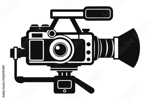 Detailed black silhouette of a professional video camera presents high quality resolution and clarity