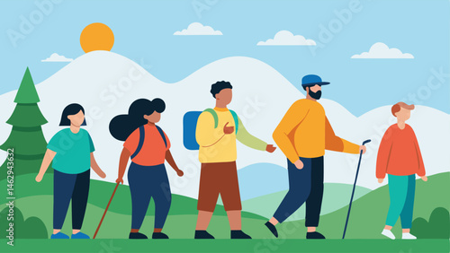 Guided Nature Tour A diverse group on a guided nature tour where a visually impaired person is being led by a guide surrounded by scenic landscapes and wildlife.