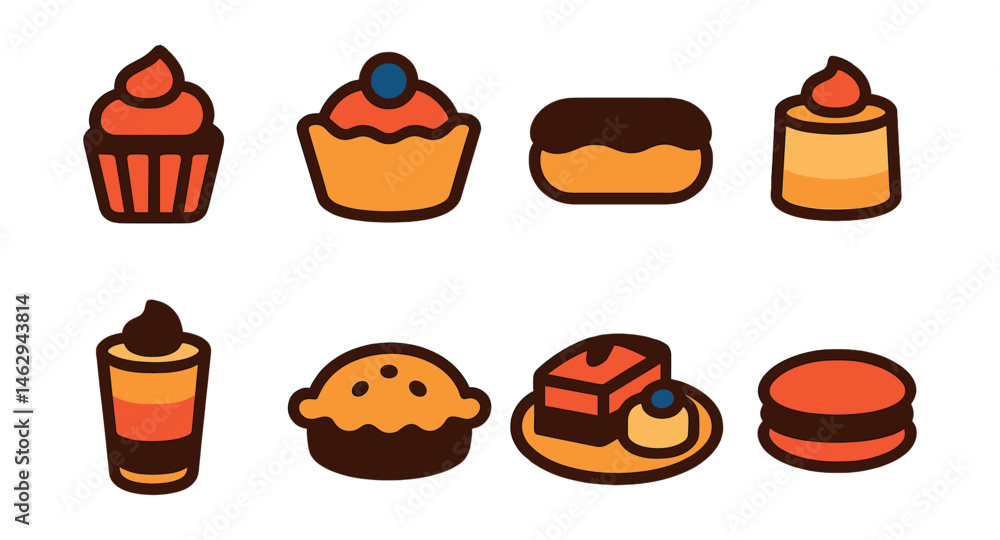Flat vector icons of mini desserts and bites: mini cupcake, bite-sized tart, mini éclair, tiny cheesecake, shot-glass mousse, small pie, dessert sampler plate, macaron. Flat vector icons of mini desserts and bites: mini cupcake, bite-sized tart, mini éclair, tiny cheesecake, shot-glass mousse, small pie, dessert sampler plate, macaron.