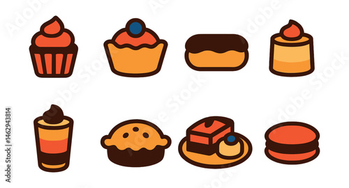 Flat vector icons of mini desserts and bites: mini cupcake, bite-sized tart, mini éclair, tiny cheesecake, shot-glass mousse, small pie, dessert sampler plate, macaron.