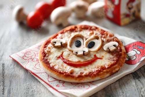 A delicious homemade pizza with a funny face made of mushrooms and tomatoes, served on a napkin with a wooden background and some extra ingredients around.