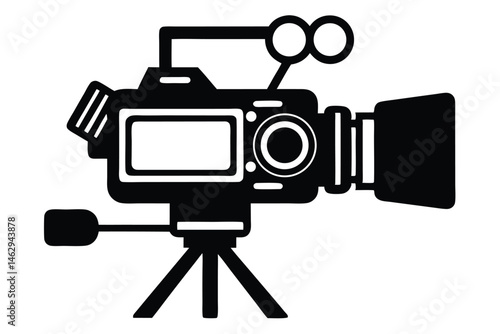 Black film camera sits firmly on its tripod stand, ready for the next shot