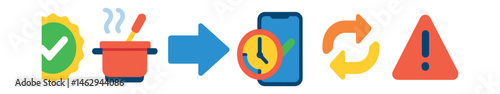 Flat vector icons of order status and logistics: order received badge, food being prepared icon, out for delivery arrow, ETA countdown clock, delivered success screen, reroute icon, delayed warning,