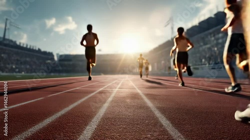 Two male runners race toward the finish line on a red track as the sun sets behind a full stadium, casting long shadows and creating a dramatic competitive atmosphere