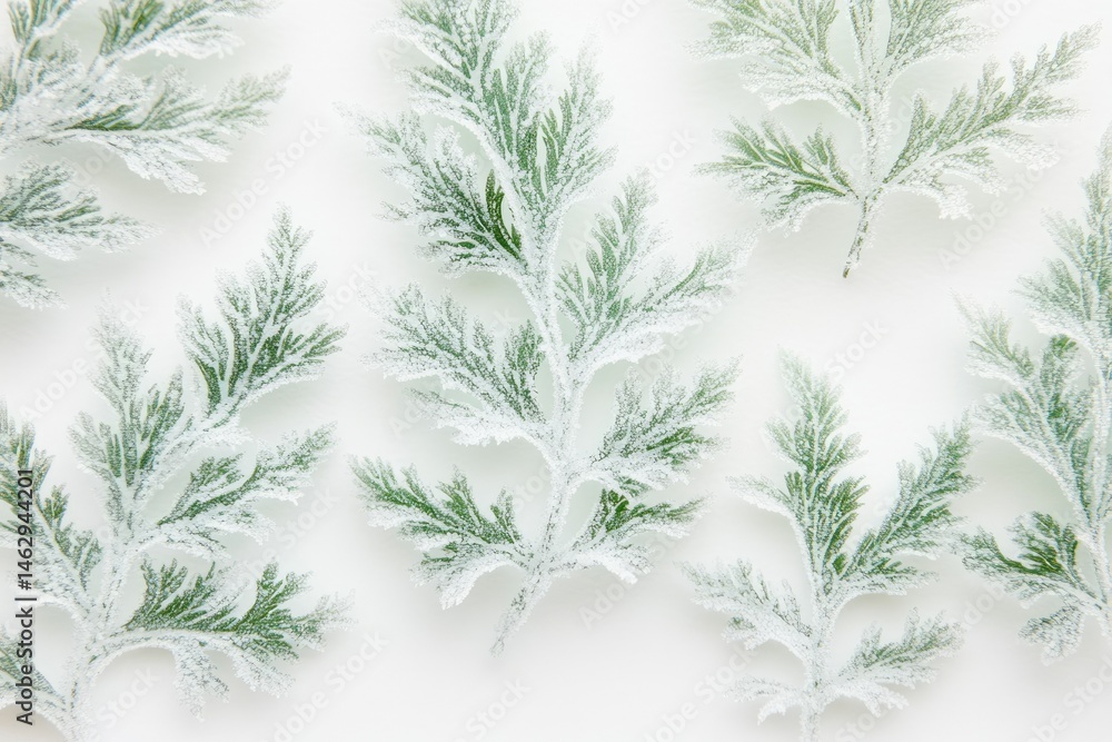 Snow-dusted green leaves arranged on a white background, creating a wintery aesthetic. Snow-dusted green leaves arranged on a white background, creating a wintery aesthetic.
