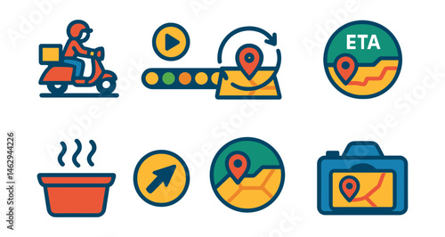 Flat vector icons of real-time delivery features: live courier location, animated progress bar, refresh route icon, ETA countdown with map, food temperature status, speed mode symbol, optimized route