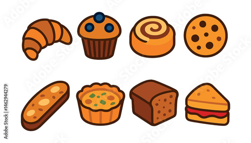 Flat vector icons of café pastries and snacks: croissant with chocolate, blueberry muffin, cinnamon roll, cookie with chips, almond biscotti, mini quiche, banana bread slice, scone with jam.