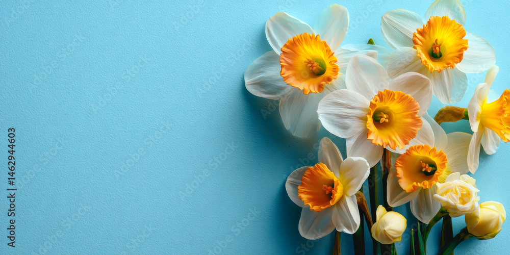 Fototapeta premium Beautiful daffodils on light blue background, flat lay. Space for text