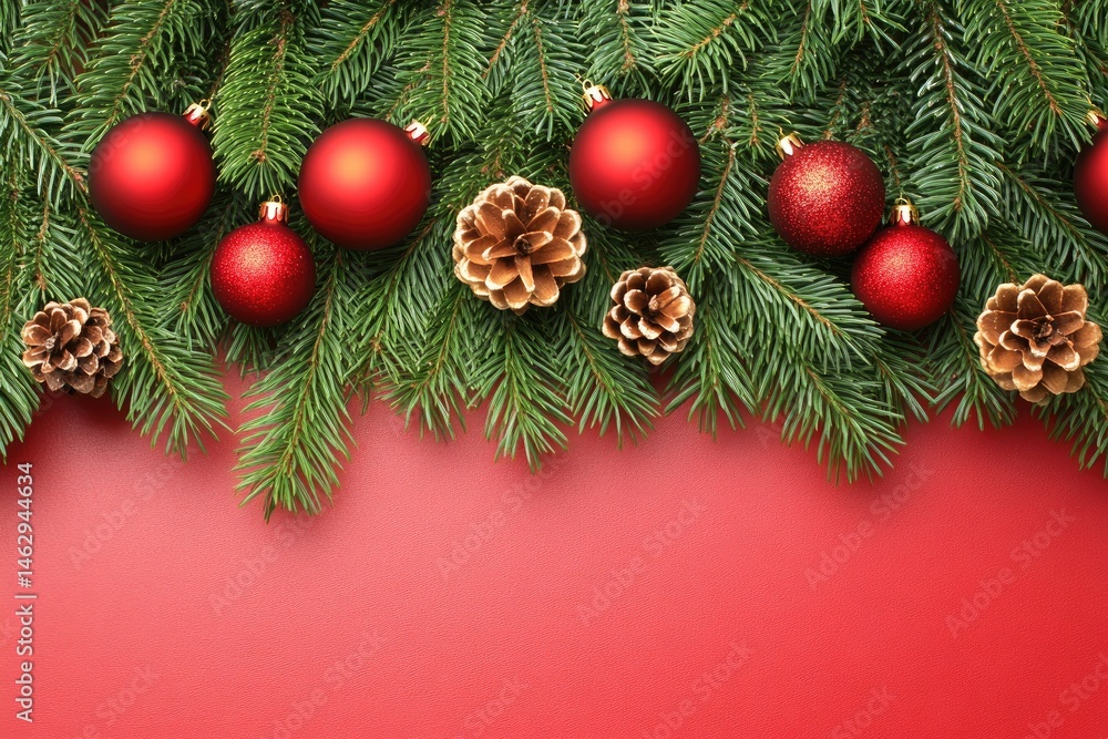 Christmas garland of pine branches, ornaments, and pinecones against a red background. Fresh green sprigs, vibrant red balls, and light brown pinecones create a festive border Christmas garland of pine branches, ornaments, and pinecones against a red background. Fresh green sprigs, vibrant red balls, and light brown pinecones create a festive border