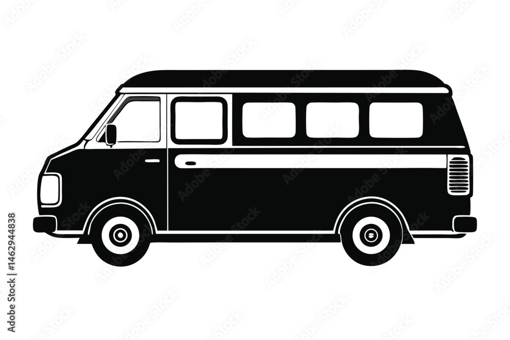 A black and white camper van exhibits a classic retro style prominently displayed A black and white camper van exhibits a classic retro style prominently displayed