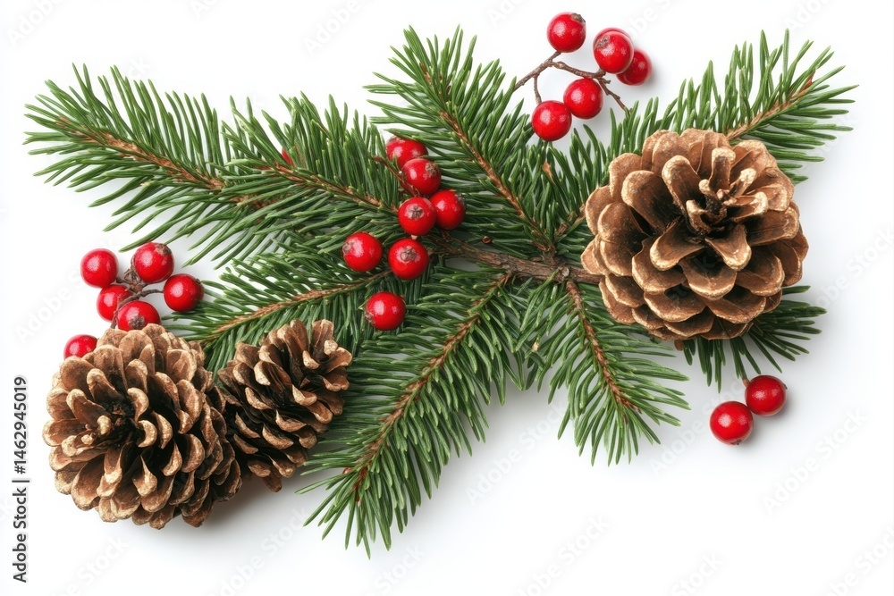 Christmas sprigs of evergreen with pine cones and berries. Fresh green branches, gold-toned pine cones, and vibrant red berries are arranged on a white background Christmas sprigs of evergreen with pine cones and berries. Fresh green branches, gold-toned pine cones, and vibrant red berries are arranged on a white background