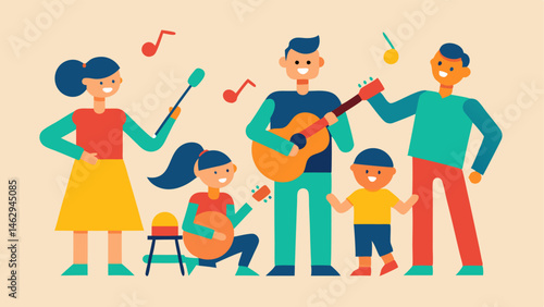 Music Jam Session A family playing musical instruments together with various adaptive instruments for varied abilities and a joyful atmosphere.