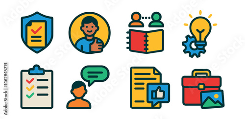 Flat vector icons of internship success strategies: applying for internships badge, making the most of internship experience badge, networking during internships planner, learning new skills during