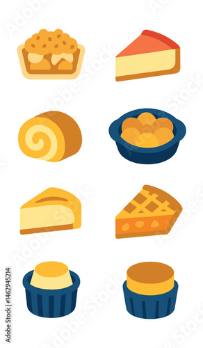 Flat vector icons of baked desserts: apple crumble, baked cheesecake, sponge cake roll, sweet pie slice, cobbler dish, baked custard, bread pudding, soufflé ramekin.