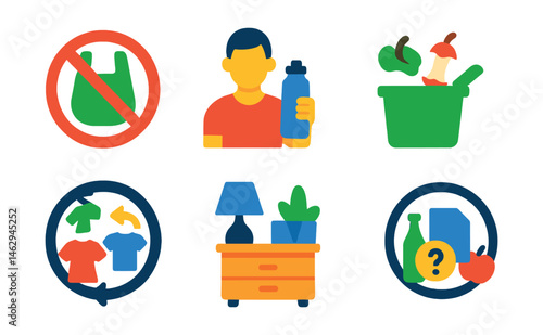 Flat vector icons of waste reduction practices: refusing plastic bags badge, carrying reusable water bottles badge, composting organic waste badge, recycling properly guide, participating in swap