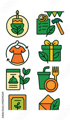 Flat vector icons of sustainable celebrations: zero-waste birthday party badge, eco-friendly wedding planning guide, DIY event decorations planner, second-hand party outfits badge, sustainable