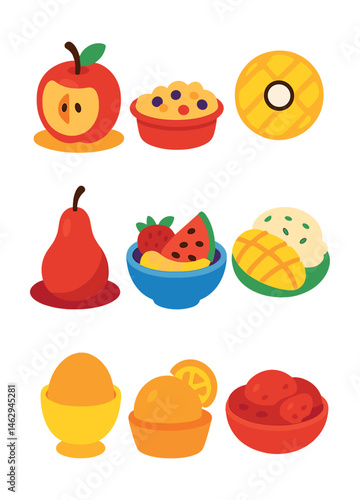 Flat vector icons of fruit-based desserts: baked apple, berry crumble, grilled pineapple, mango sticky rice, poached pear, fruit salad bowl, citrus sorbet, strawberry compote.