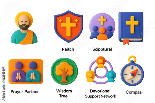 3D icon set of faith mentorship and guidance: spiritual counselor icon, faith mentor badge, religious study group bubble, scriptural advice book, prayer partner card, wisdom tree badge, devotional