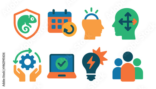 Flat vector icons of adaptability and flexibility: adapting to new situations badge, learning new skills quickly planner, open-mindedness guide, flexible thinking strategies badge, managing change
