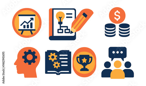 Flat vector icons of entrepreneurship basics: learning business fundamentals badge, creating business plans planner, understanding financial basics badge, pitching ideas badge, building