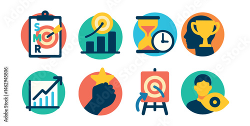 Flat vector icons of setting realistic goals: applying SMART goals badge, breaking goals into action steps badge, setting time frames for goals badge, visualizing goal achievement badge, tracking