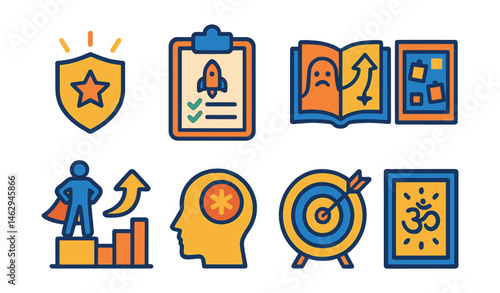 Flat vector icons of empowering habits: daily self-empowerment affirmations badge, weekly empowerment rituals planner, overcoming fear journal badge, creating courage board badge, practicing