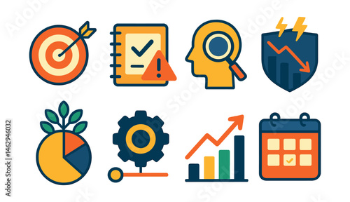 Flat vector icons of smart investing habits: setting investing goals badge, understanding risk tolerance planner, researching investments badge, avoiding market panic badge, diversifying