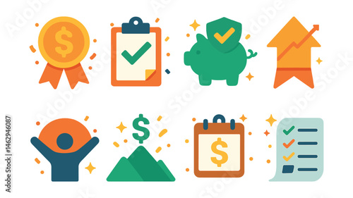 Flat vector icons of celebrating financial milestones: saving first thousand badge, paying off first loan planner, reaching emergency fund goal badge, investing first 10k badge, financial