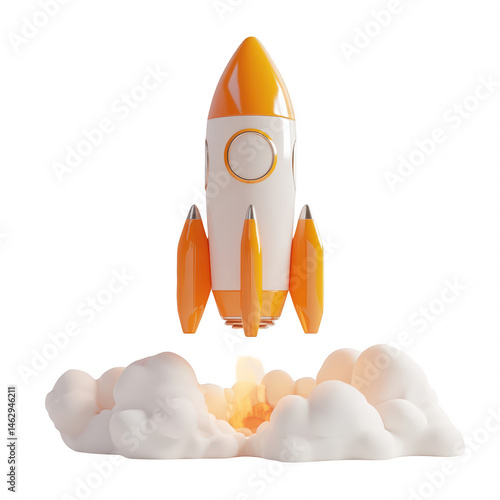 Orange rocket ship launching into space with smoke and flames 3d sky art on transparent background