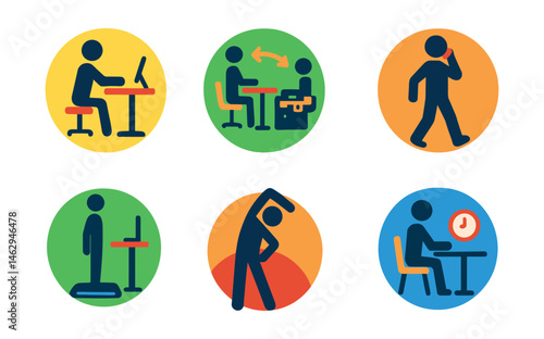Flat vector icons of balancing sitting and standing: setting up standing desk badge, alternating between sitting and standing badge, scheduling standing meetings planner, using anti-fatigue mats