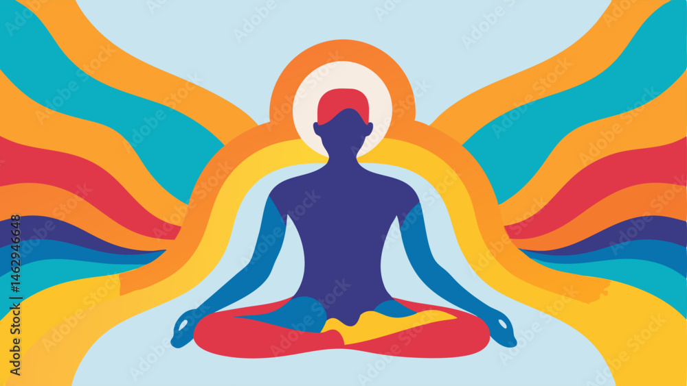 MindBody Connection Art An artistic representation of a person in a meditative pose with colorful waves and lines radiating outward illustrating the mindbody connection and energy MindBody Connection Art An artistic representation of a person in a meditative pose with colorful waves and lines radiating outward illustrating the mindbody connection and energy