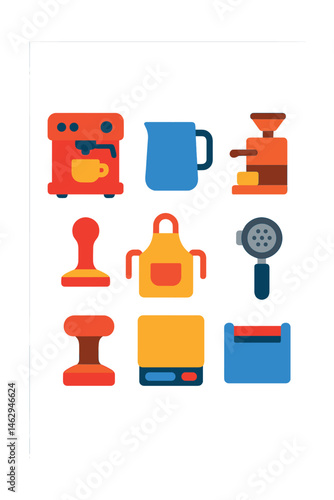 Flat vector icons of barista tools and equipment: espresso machine, milk frothing pitcher, coffee grinder, portafilter, tamper tool, barista apron, digital scale, knock box.