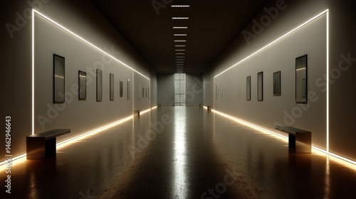 Minimalist gallery hall with side strip lighting and art (mockup)  