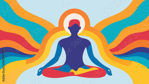 MindBody Connection Art An artistic representation of a person in a meditative pose with colorful waves and lines radiating outward illustrating the mindbody connection and energy