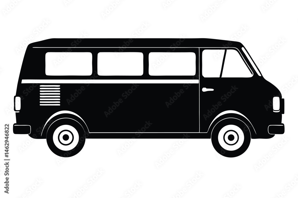Silhouette of a retro black van with three windows showcases a vintage style Silhouette of a retro black van with three windows showcases a vintage style