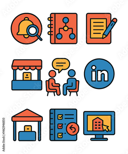 Flat vector icons of job search strategies: setting up job alerts badge, networking for job opportunities planner, tailoring cover letters guide, using LinkedIn effectively badge, attending job fairs