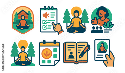 Flat vector icons of mindfulness retreats: attending weekend retreats badge, signing up for silent retreats planner, participating in nature mindfulness retreats badge, organizing community