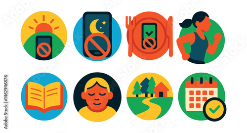 Flat vector icons of building a digital detox routine: starting mornings device-free badge, creating device curfews at night badge, limiting screen time during meals badge, tech-free exercise