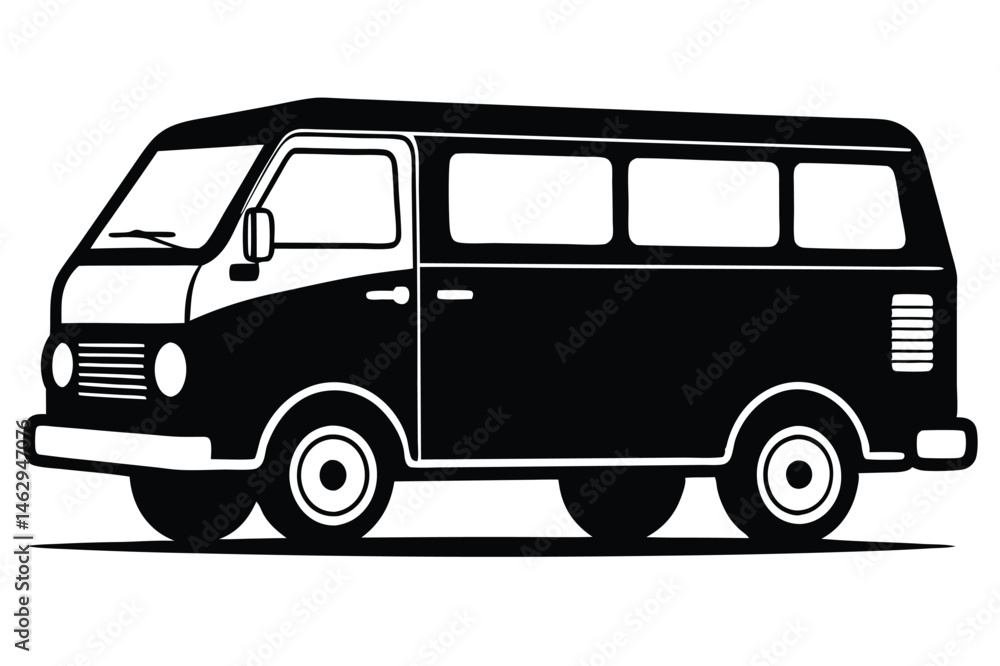 A monochrome retro van profile, displaying side windows and classic automotive design aesthetics A monochrome retro van profile, displaying side windows and classic automotive design aesthetics