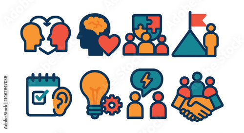Flat vector icons of developing future soft skills: practicing empathy daily badge, building emotional intelligence badge, mastering teamwork strategies badge, enhancing leadership skills badge,