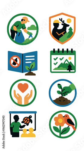 Flat vector icons of nature conservation activities: volunteering for cleanups badge, joining wildlife protection projects badge, supporting national parks planner, reducing single-use plastics guide