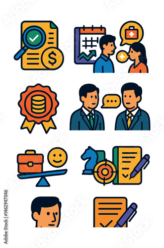 Flat vector icons of job offer negotiation skills: analyzing job offers badge, negotiating salary planner, discussing benefits badge, understanding compensation packages badge, evaluating work-life