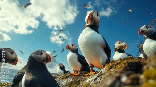 Puffins on cliff, ocean background, birds flying, wildlife scene, nature photography